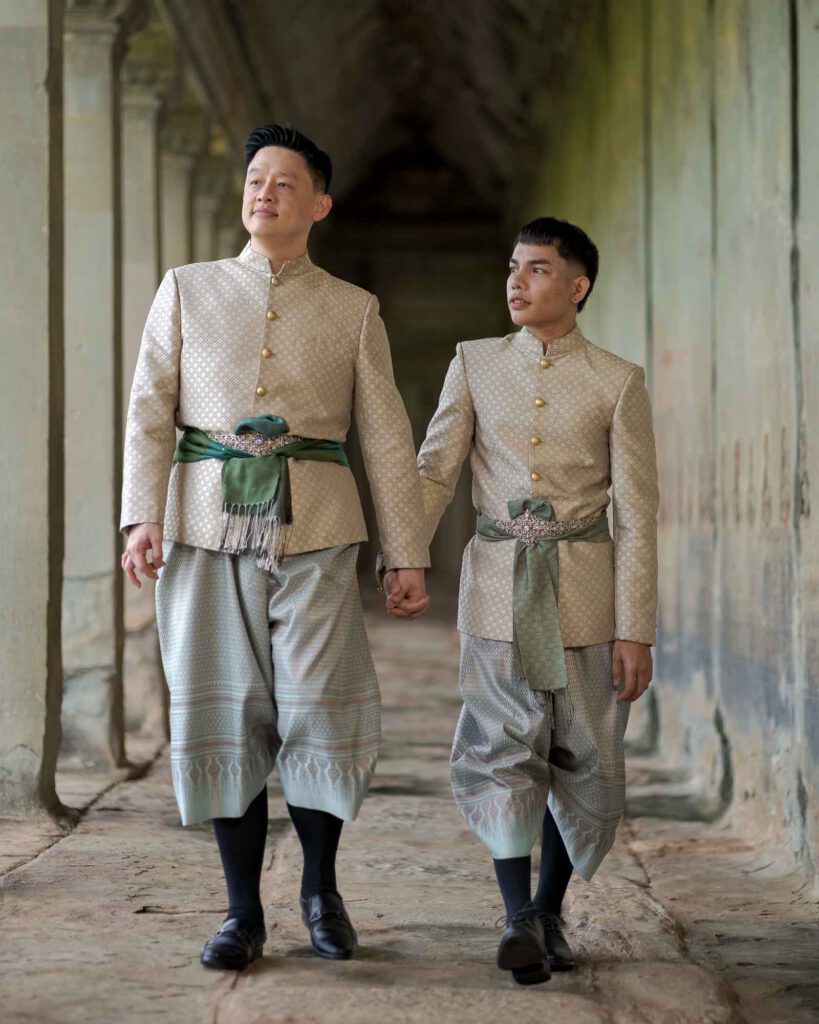 Angkor Wat LGBTQ couple in traditional khmer outfits