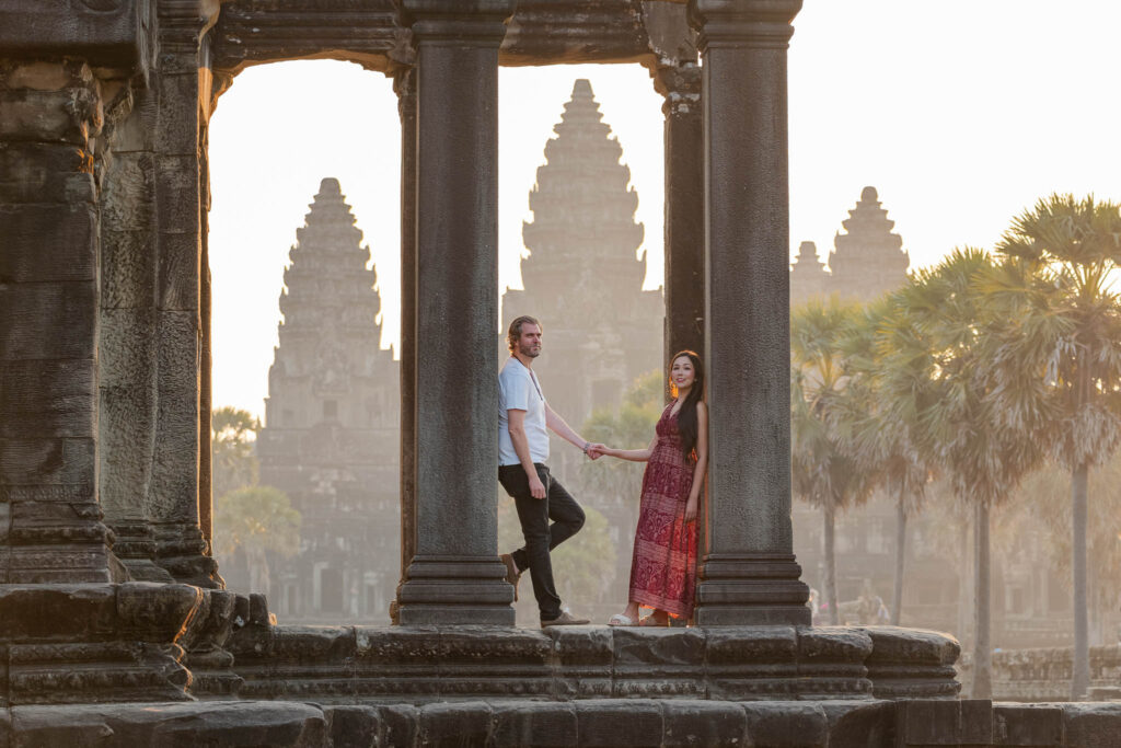 Couple at posing at Angkor Wat on an angkor wat photographer photoshoot