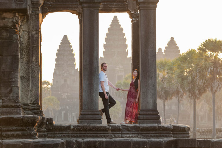 Couple at posing at Angkor Wat on an angkor wat photographer photoshoot