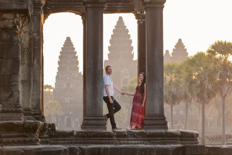 Couple at posing at Angkor Wat on an angkor wat photographer photography tour and photoshoot